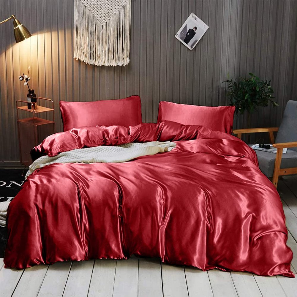Rico Bedding 7 Pc Silk Satin Sheets| Silk Satin Duvet Cover| Silk Flat Sheet & Deep Pocket Fitted Sheet Set| Silky Smooth Pillowcases| Comfy & Luxurious Sheets Set|(Burgundy/Twin XL)