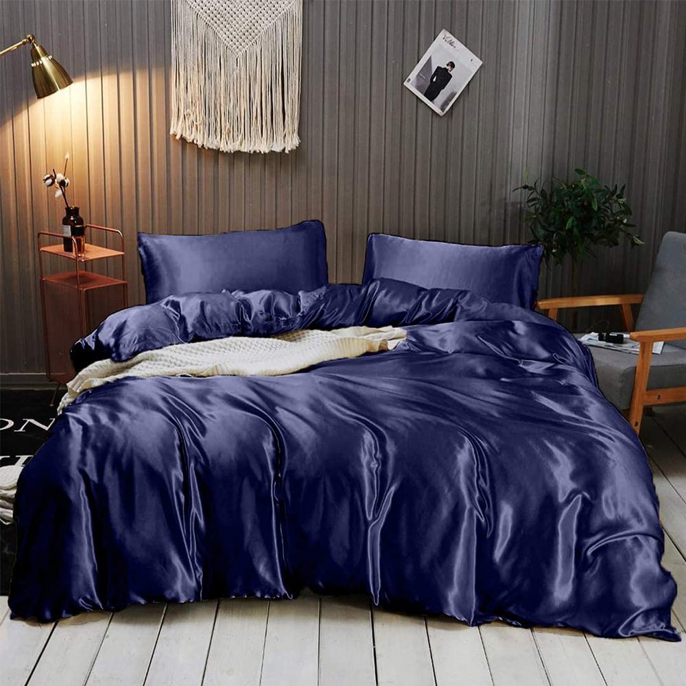 Rico Bedding 7 Pc Silk Satin Sheets| Silk Satin Duvet Cover| Silk Flat Sheet & Deep Pocket Fitted Sheet Set| Silky Smooth Pillowcases| Comfy & Luxurious Sheets Set|(Navy Blue/Full XL)