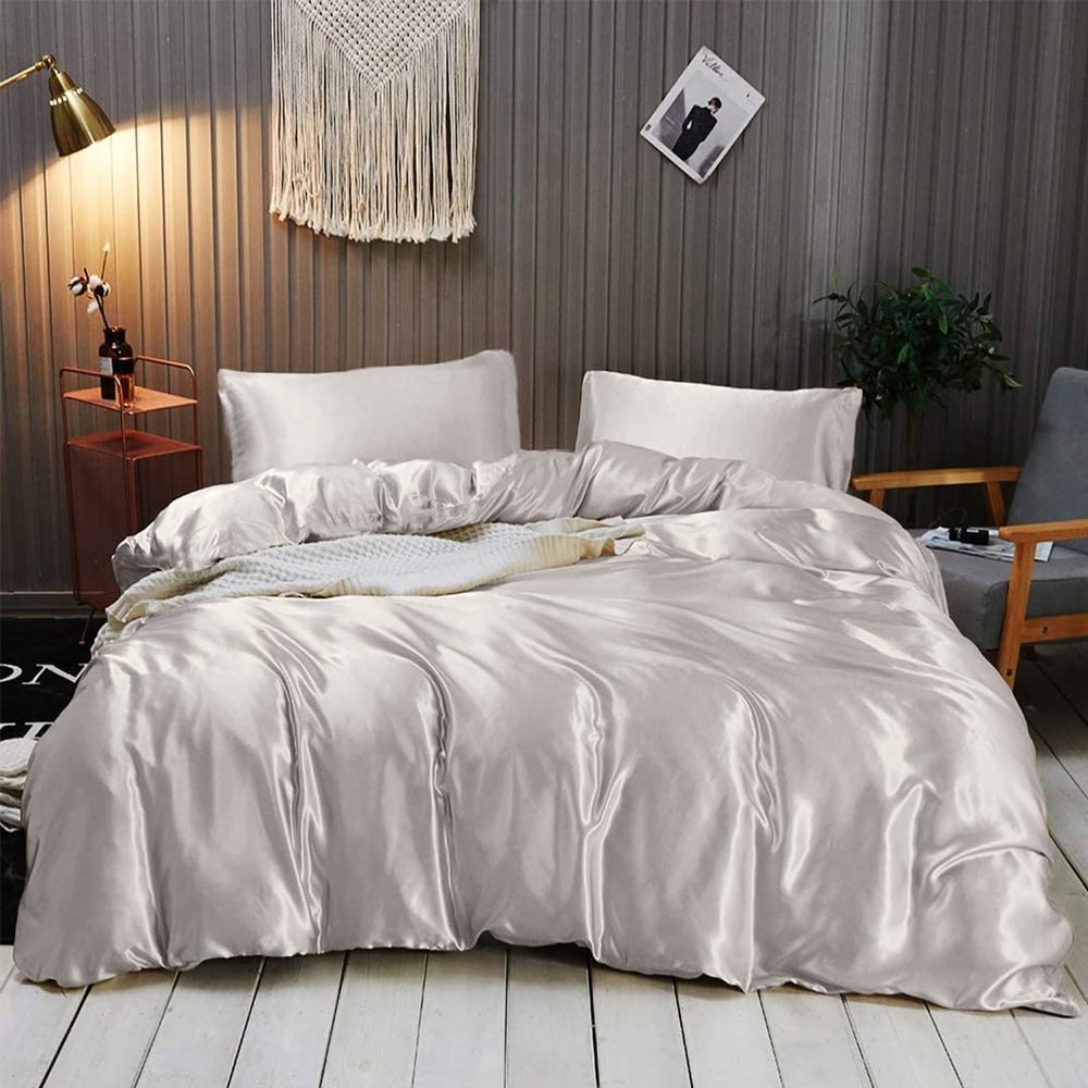 Rico Bedding 7 Pc Silk Satin Sheets| Silk Satin Duvet Cover| Silk Flat Sheet & Deep Pocket Fitted Sheet Set| Silky Smooth Pillowcases| Comfy & Luxurious Sheets Set|(Ivory/Twin)
