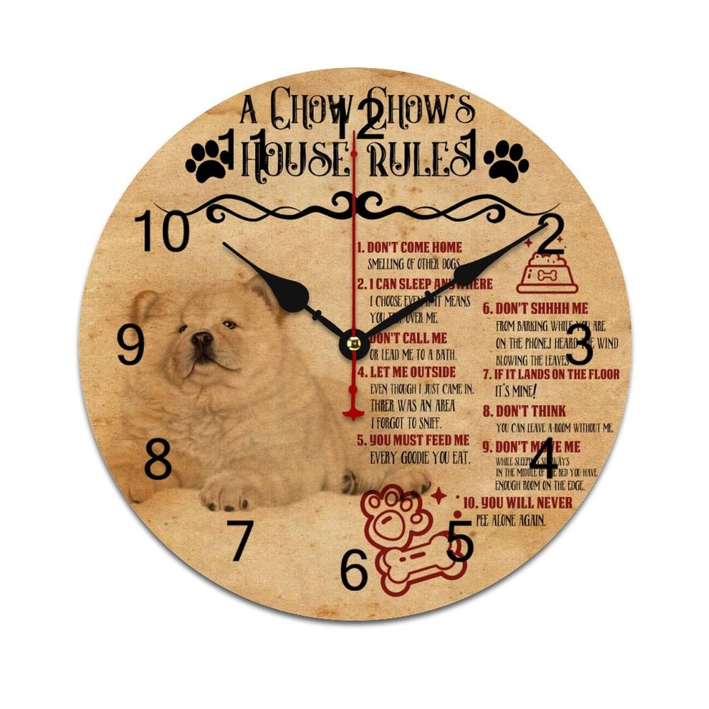 LetusZhogo A Chow Chow's House Rules Wall Clock Cute Chow Chow Dog Hanging Clock 10 Inch Silent Non Ticking Battery Operated Decorative Round Wall Clocks for Kitchen Bedroom Living Room