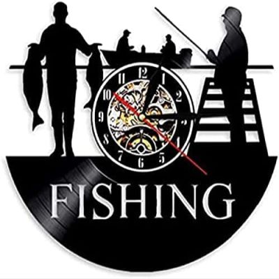Music Vinyl Wall Clock 12Inch Go Fishing Art Decor Wall Clock Fisherman Modern Design Vinyl Record Hanging 3D Watches Handmade for Sea Humter