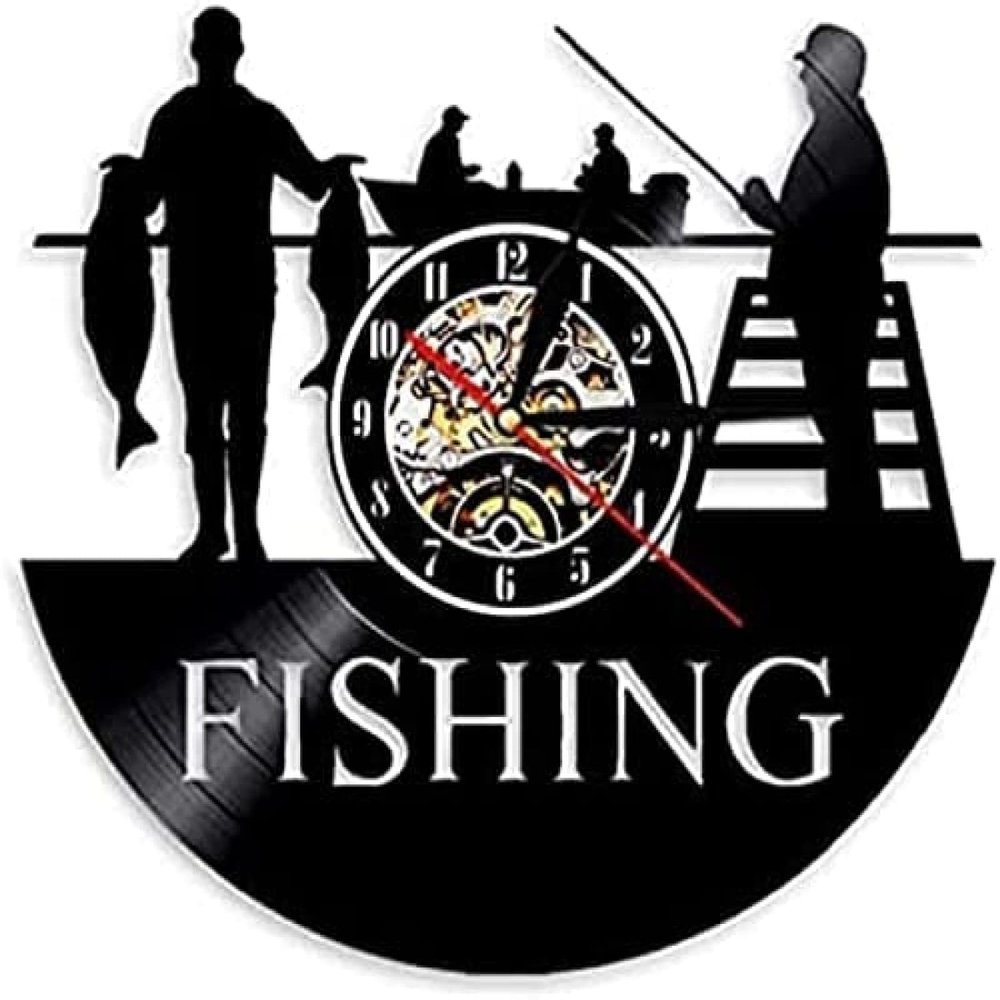 Music Vinyl Wall Clock 12Inch Go Fishing Art Decor Wall Clock Fisherman Modern Design Vinyl Record Hanging 3D Watches Handmade for Sea Humter
