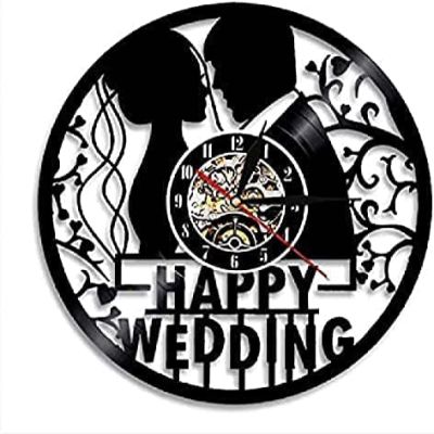 Black Vinyl Wall Clock 12Inch Happy Wedding Decorative Wall Clock Modern Design Couple Silhouette Vinyl Record Clock 3D Wall ClockHandmade Wedding