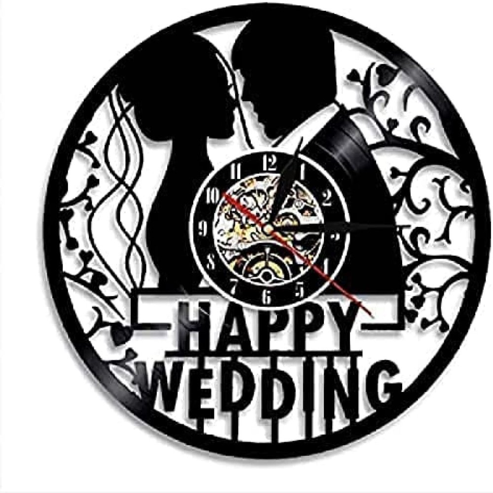 Black Vinyl Wall Clock 12Inch Happy Wedding Decorative Wall Clock Modern Design Couple Silhouette Vinyl Record Clock 3D Wall ClockHandmade Wedding