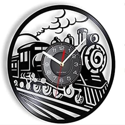 Music Vinyl Wall Clock 12Inch Steam Train Wall Clock Made of Real Vinyl Record Old Steam Engines Retro Wall ClockSteampunk Industrial Style Modern Artwork