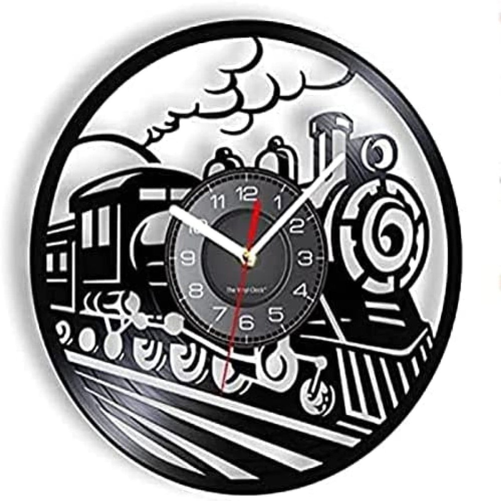 Music Vinyl Wall Clock 12Inch Steam Train Wall Clock Made of Real Vinyl Record Old Steam Engines Retro Wall ClockSteampunk Industrial Style Modern Artwork