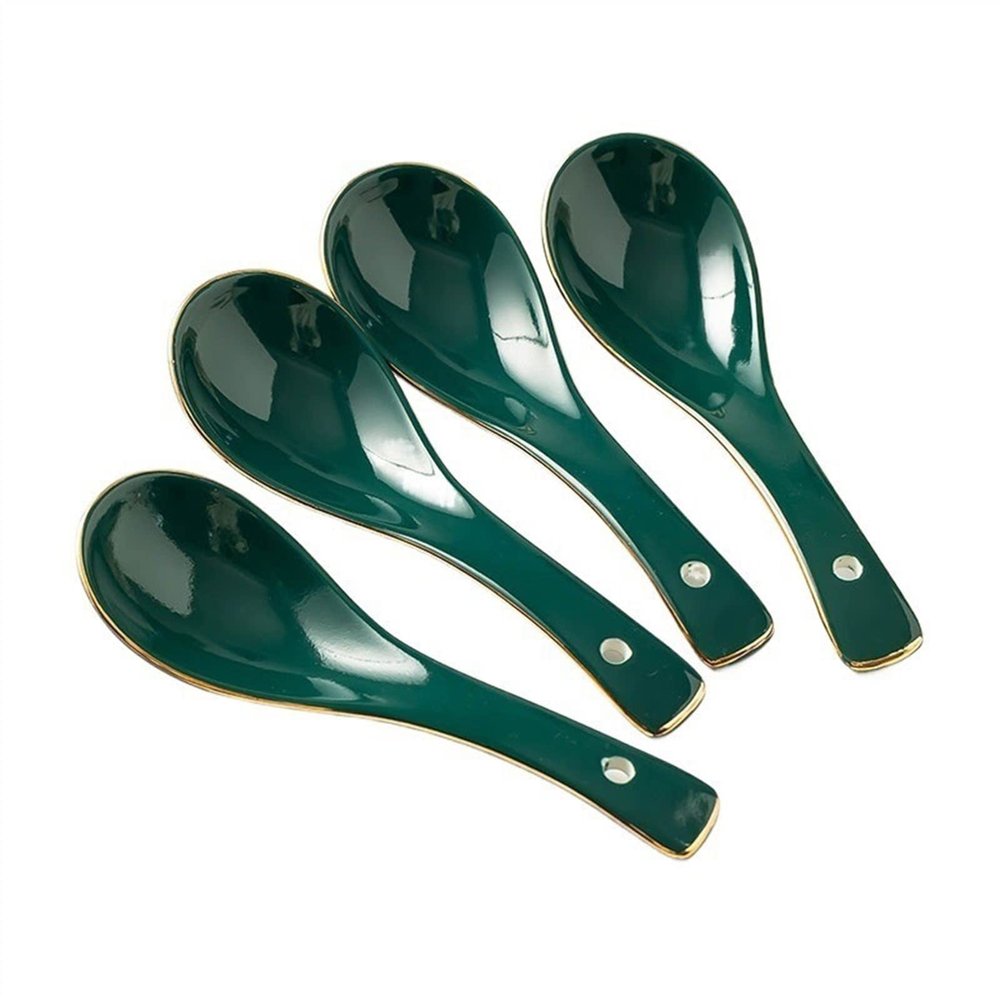 Bulk Spoons Set 4 Pieces Green Ceramic Dinner Spoon Exquisite Soup Spoon Dessert Spoon Multi-functional Hanging Storage Spoons for Eating