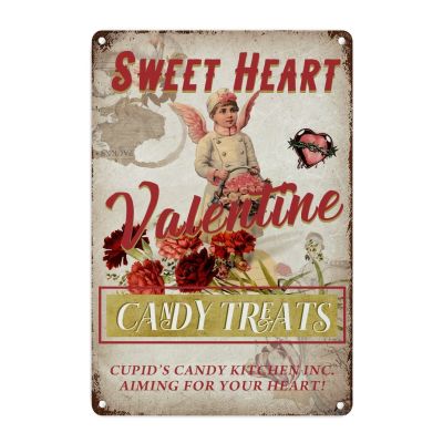 Art Decor Metal Sign Vintage Rose Flower Cupid Candy Kitchen Men Cave Signs Sweet Heart Valentine Candy Treat Metal Sign Wing Cupid Valentine Retro Vintage Wall Sign 18x12in