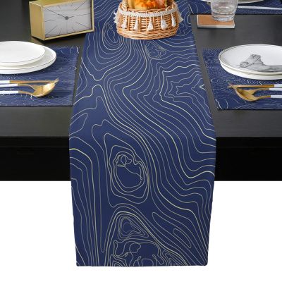 Abstract Navy Table Runner with Placemats Set of 6, Cotton Linen Kitchen Dining Mats Long Table Cover 13"x90" Blue Modern Geometric Mountain Line Art Table Mats Set for Living Room/Dining Table