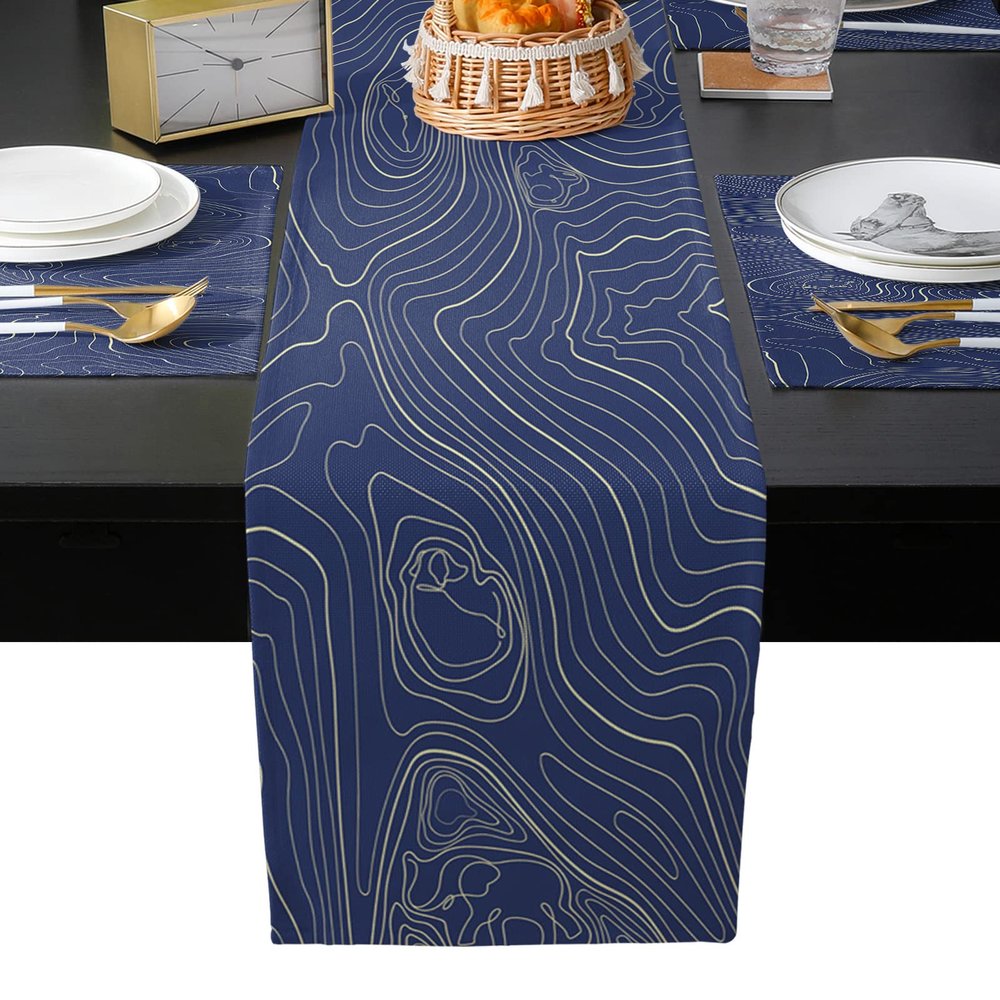 Abstract Navy Table Runner with Placemats Set of 6, Cotton Linen Kitchen Dining Mats Long Table Cover 13"x90" Blue Modern Geometric Mountain Line Art Table Mats Set for Living Room/Dining Table