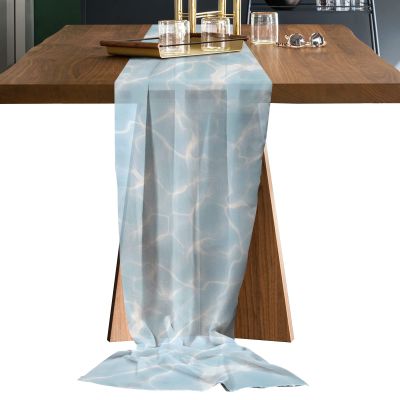 Abstract Blue Chiffon Table Runner 120 Inches Long, Voile Sheer Tulle Runner for Rustic Wedding Reception Bridal Shower Decorations Birthday Party, Minimalistic White Gradient Water Ripple