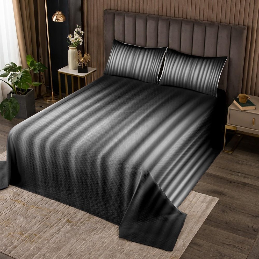 Castle Fairy Black Grey Bedspread Twin Size Abstract Ombre Comforter Set 3D Geometric Stripes Bedding Set 2pcs for Kids Boys Men Home Room Decor Modern Lightweight Quilt Set with 1 Pillowcase