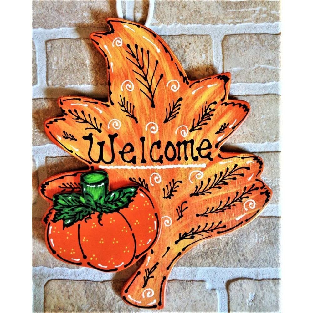 1 Pcs "Welcome" Fall Leaf Sign Pumpkin Wall Door Plaque Wreath Attachment Thanksgiving