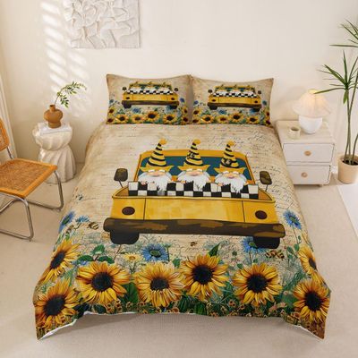 Erosebridal Spring Gnome Duvet Cover Queen Sweet Honey Bees Truck Loads Gnomes Bedding Set for Teens Youth Rustic Sunflowern Daisy Comforter Cover Vintage Flowers Bed Cover with 2 Pillow Shams