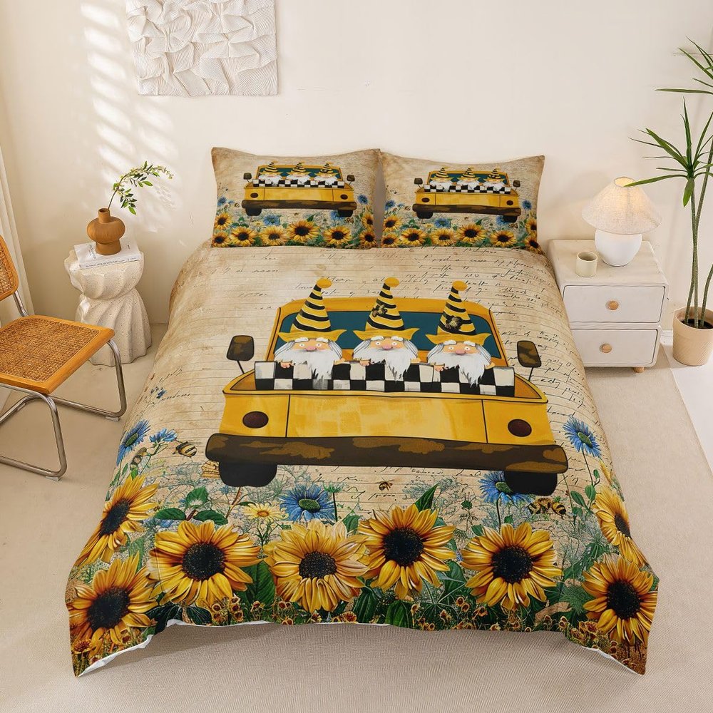 Erosebridal Spring Gnome Duvet Cover Queen Sweet Honey Bees Truck Loads Gnomes Bedding Set for Teens Youth Rustic Sunflowern Daisy Comforter Cover Vintage Flowers Bed Cover with 2 Pillow Shams