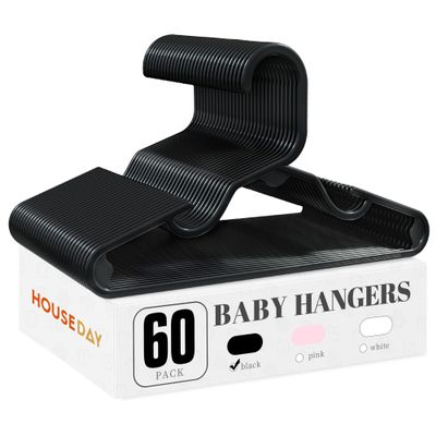 HOUSE DAY Plastic Baby Hangers for Closet 60 Pack, Durable Plastic Kids Hangers for Baby Clothes, Thin & Compact Childrens Hangers, Space Saving Black Baby Hanger, Small Hanger for Kids Clothes