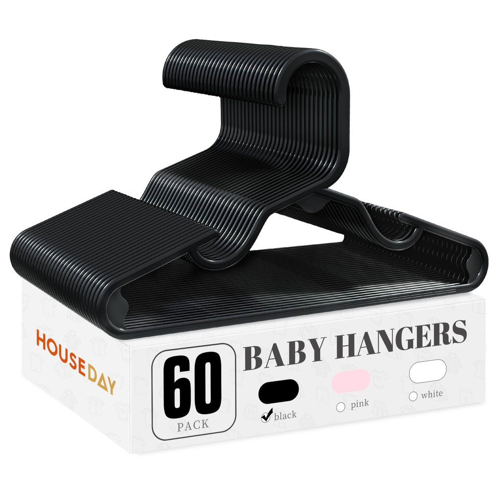 HOUSE DAY Plastic Baby Hangers for Closet 60 Pack, Durable Plastic Kids Hangers for Baby Clothes, Thin & Compact Childrens Hangers, Space Saving Black Baby Hanger, Small Hanger for Kids Clothes