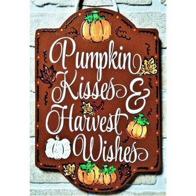 1 Pcs Pumpkin Kisses Harvest Wishes Sign Wall Art Hanger Fall Autumn Plaque Seasonal
