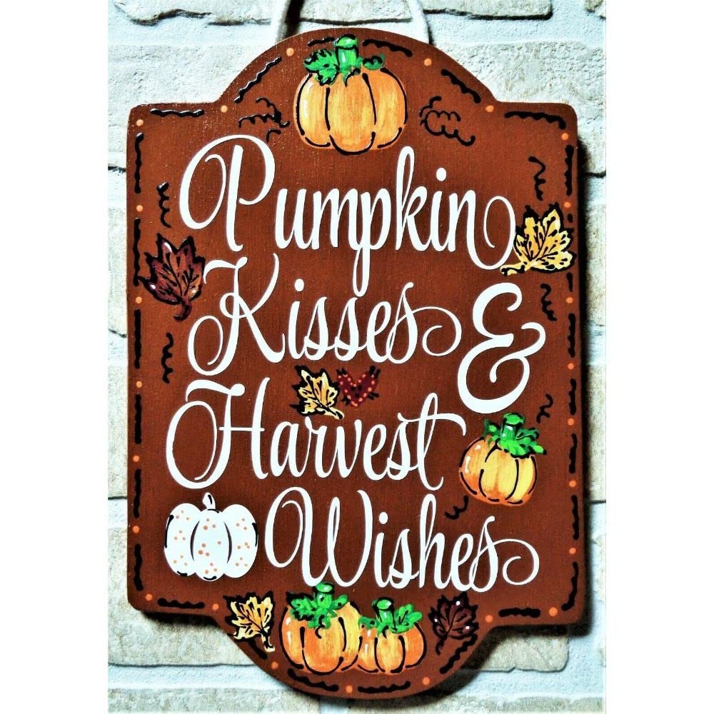 1 Pcs Pumpkin Kisses Harvest Wishes Sign Wall Art Hanger Fall Autumn Plaque Seasonal