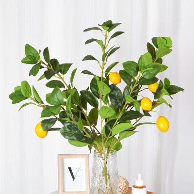 Mokylor 3 Pcs Artificial Lemon Branches Decor, 25.5 Inch Yellow Faux Fake Lemon with Green Leaves, Artificial Floral Picks Lemon Tree Stem Plant Fruit Bouquet for Table Centerpiece,Home Decoration
