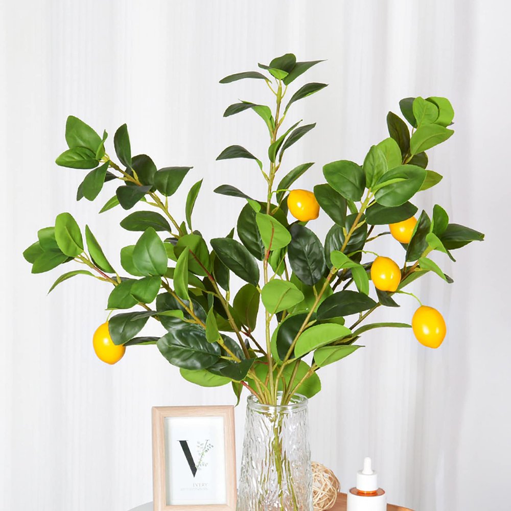 Mokylor 3 Pcs Artificial Lemon Branches Decor, 25.5 Inch Yellow Faux Fake Lemon with Green Leaves, Artificial Floral Picks Lemon Tree Stem Plant Fruit Bouquet for Table Centerpiece,Home Decoration