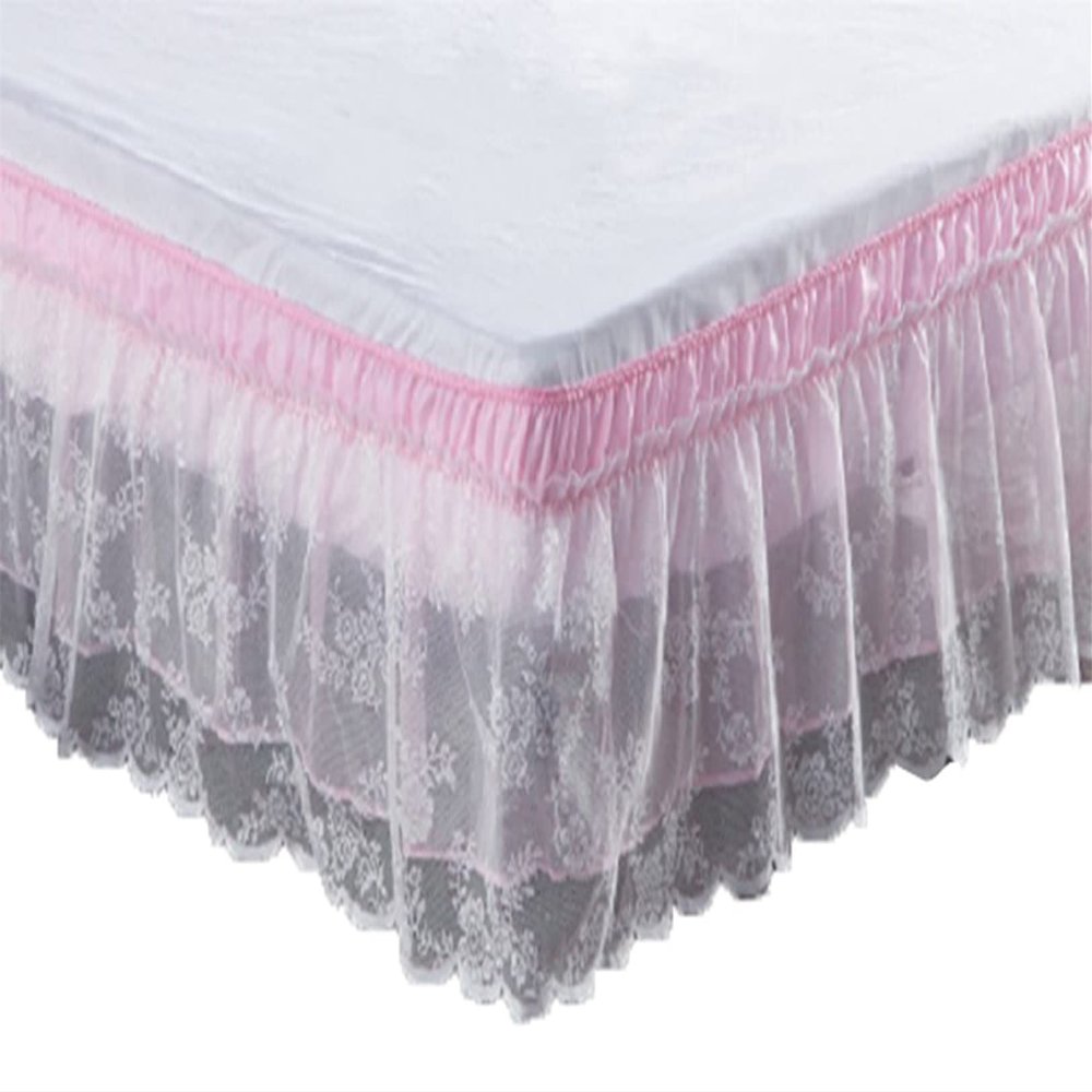 Elegant Lace Mesh Ruffled Bedskirt,Wrap-Around Bed Skirt Bed Sheet Case Dust Sheet,15.7" Drop