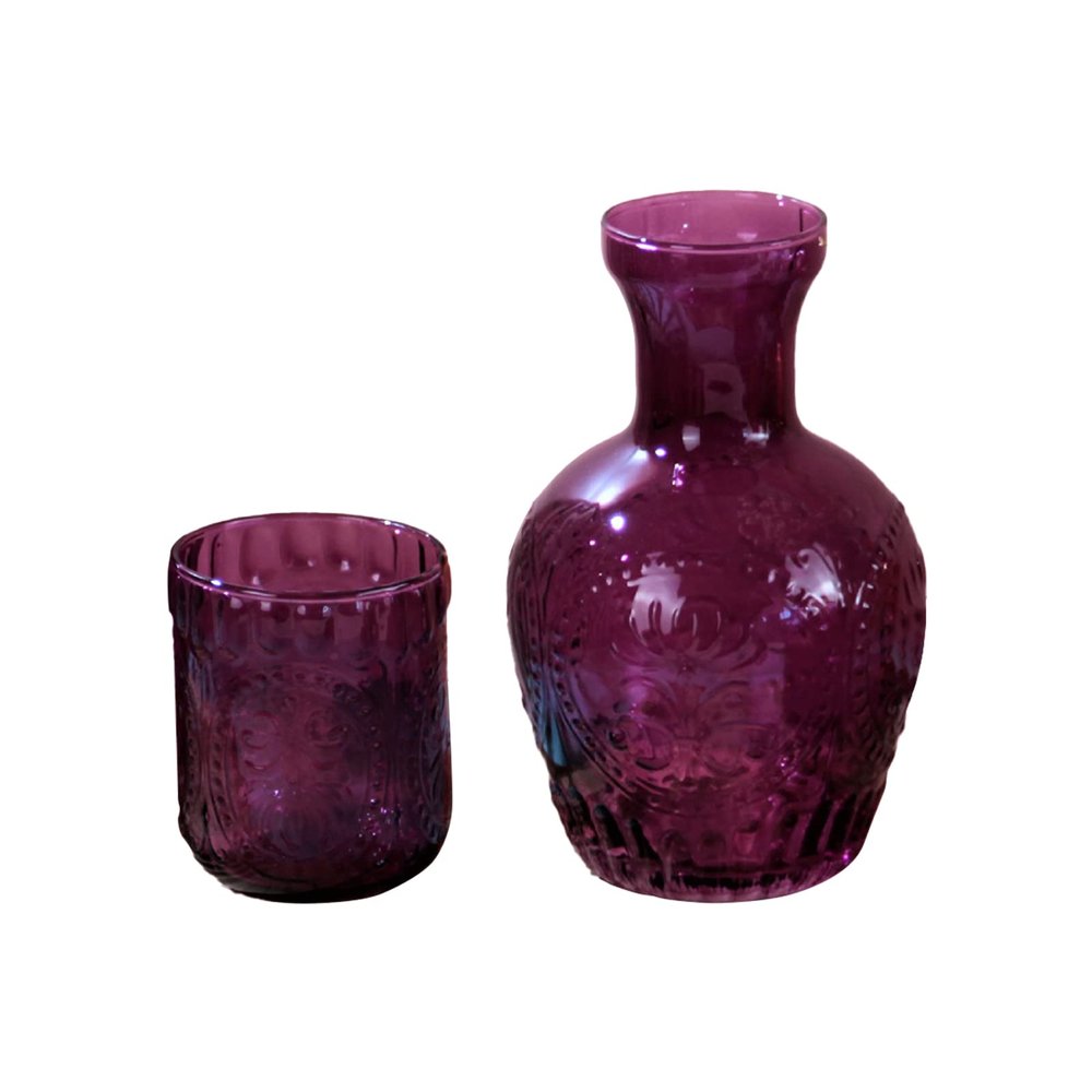 KAYKAI Bedside Water Carafe and Glass Set,100ML Water Carafe with Glass Cup for Nightstand,Vintage Bedside Pitcher and Cup Night Set,Nightstand Water Carafe with Tumbler,Purple