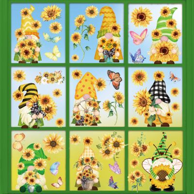 Whaline Spring Summer Window Clings Sunflower Gnome Double-Sided Window Stickers Watercolor Butterfly Flower Decal PVC Sticker for Seasonal School Home Office Decor, 9 Sheets