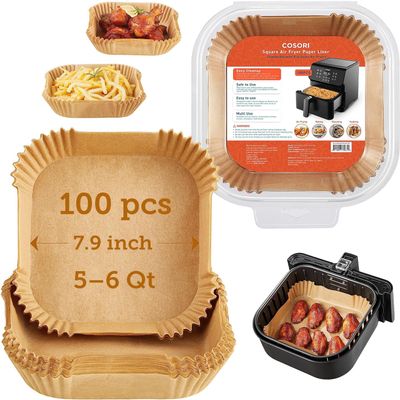 Cosori Air Fryer Liners, 100 PCS Square Disposable Paper Liners, Non-Stick Silicone Oil Coating, Little to No Cleaning, 7.9" Unbleached Food Grade, Resistant to 465F, Thickened Not Easy to Break