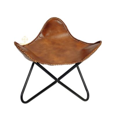Handmade Leather Butterfly Ottoman Stool  Genuine Buffalo Leather Footrest with Black Iron Frame, Rustic Folding Accent Chair for Living Room, Bedroom, or Office Decor