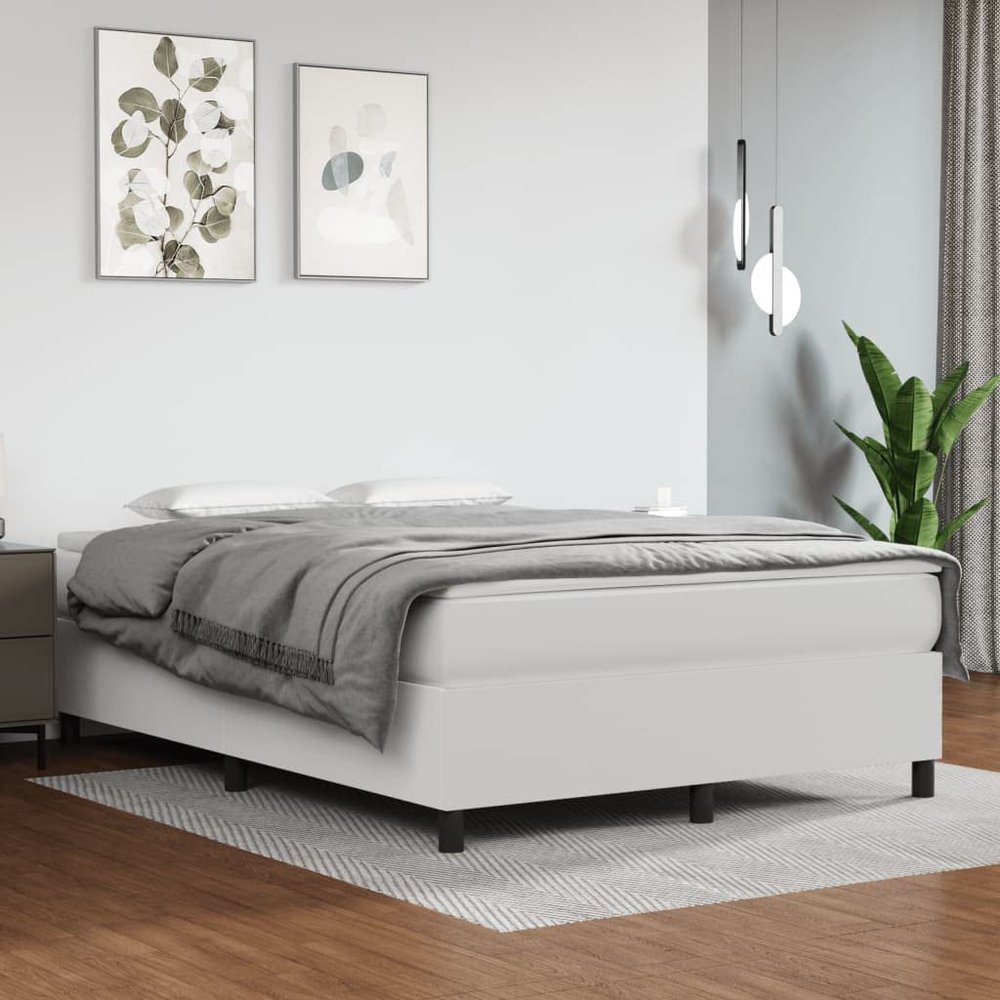 vidaXL Full-Size Box Spring Bed Frame - Modern White Faux Leather Design - 76"x53.9"x13.8" - California Proposition 65 Certified