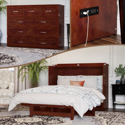AFI, Northfield Murphy Bed Chest Full with 6" Mattress, Storage Drawer & Built-in USB Charger, Walnut