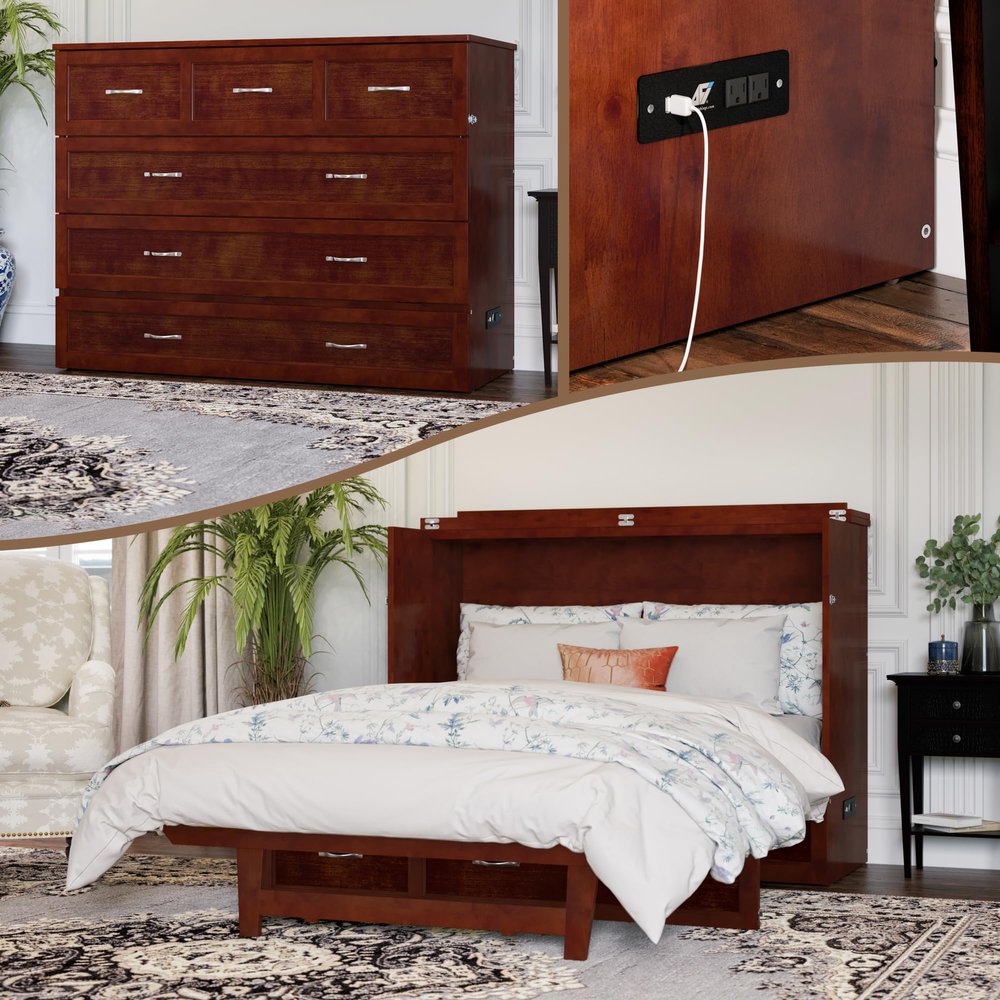 AFI, Northfield Murphy Bed Chest Full with 6" Mattress, Storage Drawer & Built-in USB Charger, Walnut