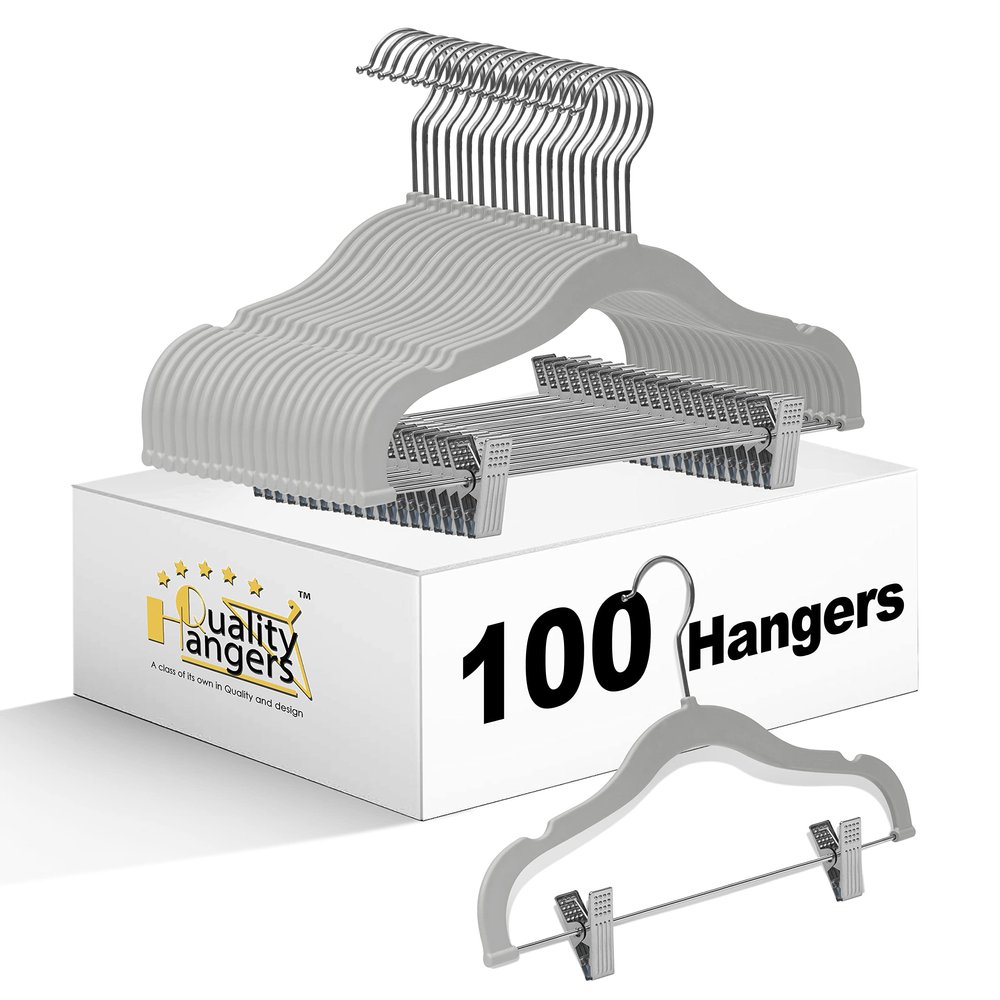 100 Quality Kids Plastic Non Velvet Non-Flocked Thin Compact Skirt Pant Coat Hangers with Metal Clips for Skirts Pants Blouses 360 Swivel Hook, Jacket, Shirt, Pants, Suit Hangers (Gray, 100)