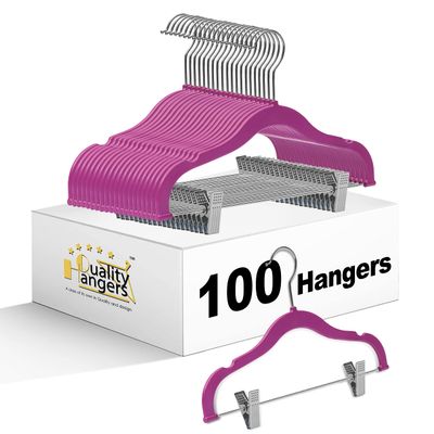 100 Quality Kids Plastic Non Velvet Non-Flocked Thin Compact Skirt Pant Coat Hangers with Metal Clips for Skirts Pants Blouses 360 Swivel Hook, Jacket, Shirt, Pants, Suit Hangers (Pink, 100)