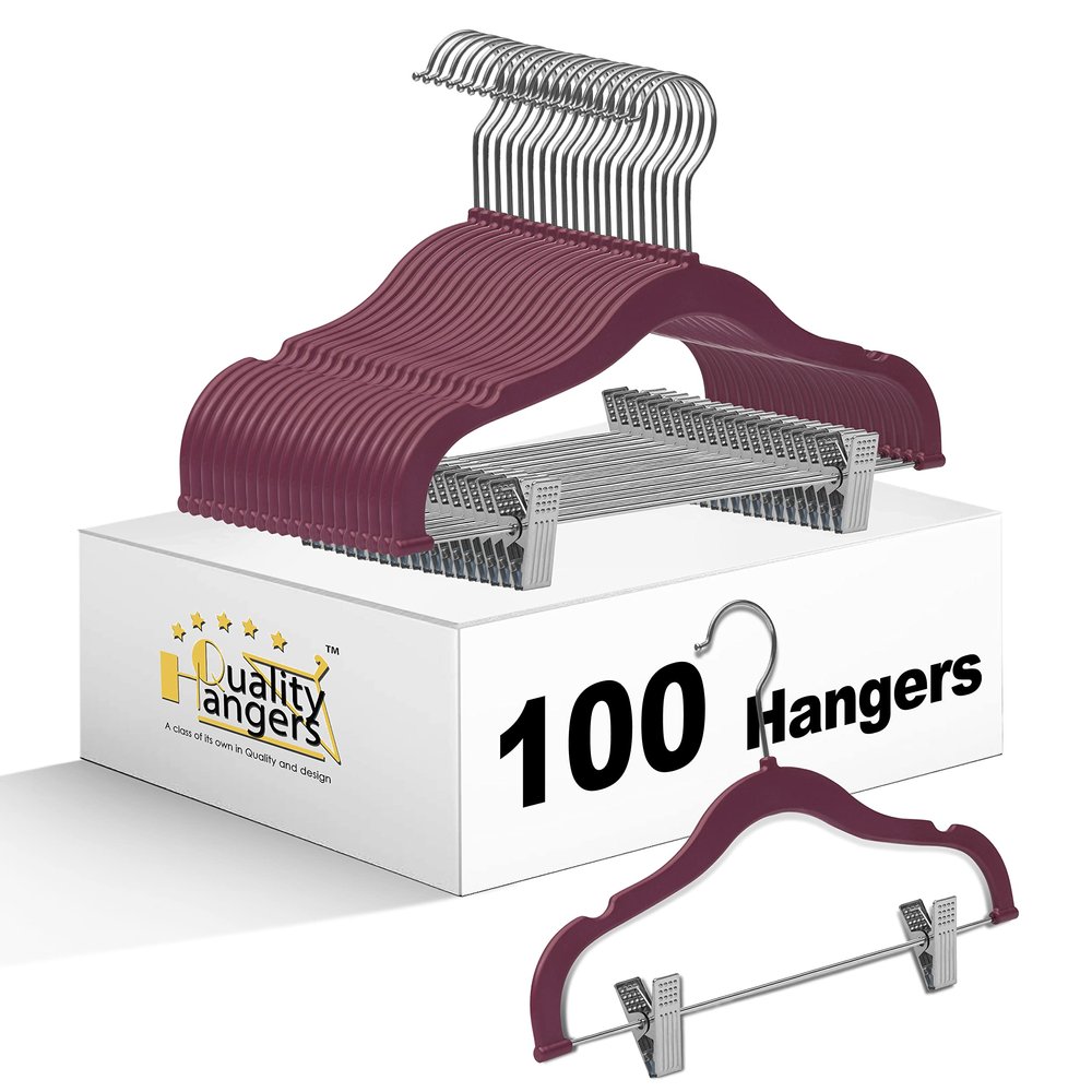 100 Quality Kids Plastic Non Velvet Non-Flocked Thin Compact Skirt Pant Coat Hangers with Metal Clips for Skirts Pants Blouses 360 Swivel Hook, Jacket, Shirt, Pants, Suit Hangers (Raspberry, 100)