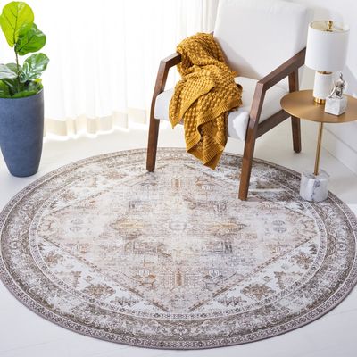 SAFAVIEH Washable Rug Tucson Collection - 6' Round, Beige & Grey, Slip Resistant & Easy to Clean, Ideal for Living Room, Bedroom, Dining Space (TSN102B)