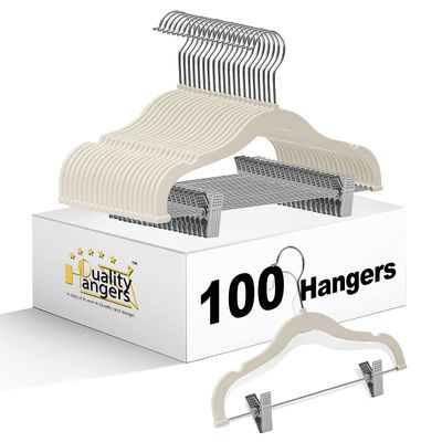 100 Quality Kids Plastic Non Velvet Non-Flocked Thin Compact Skirt Pant Coat Hangers with Metal Clips for Skirts Pants Blouses 360 Swivel Hook, Jacket, Shirt, Pants, Suit Hangers (Ivory, 100)