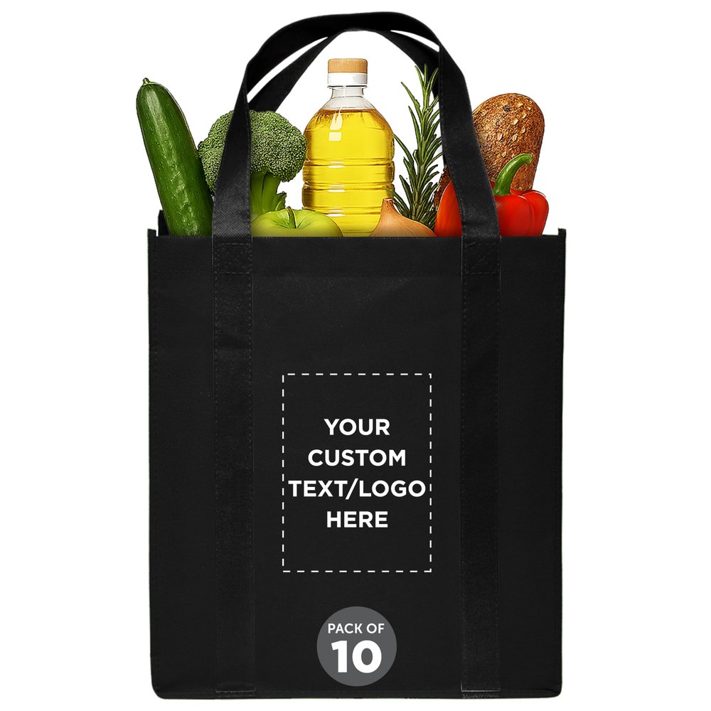 DISCOUNT PROMOS Custom Non Woven Shopping Tote Bags Set of 10, Personalized Bulk Pack - Reusable, Great for Shopping, Grocery, Beach, Picnic, Wedding Favors - Black Black