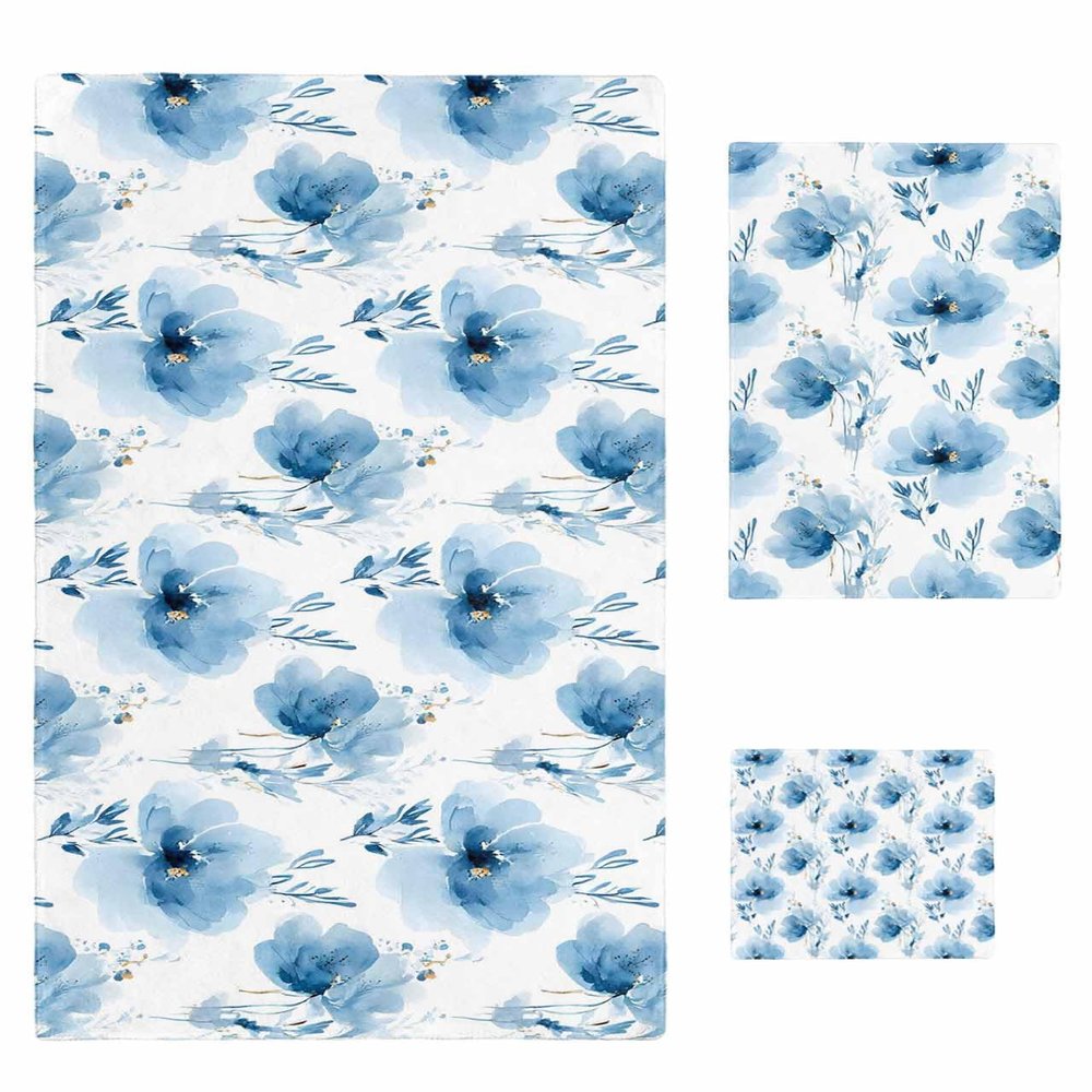Anzona Spring Floral 3 Piece Bath Towels Set, Watercolor Blue Flowers Farmhouse Soft & Absorbent Towel for Bathroom, Hotel (1 Bath Towel 30x60, 1 Hand Towel 16x28, 1 Washcloth 13x13)