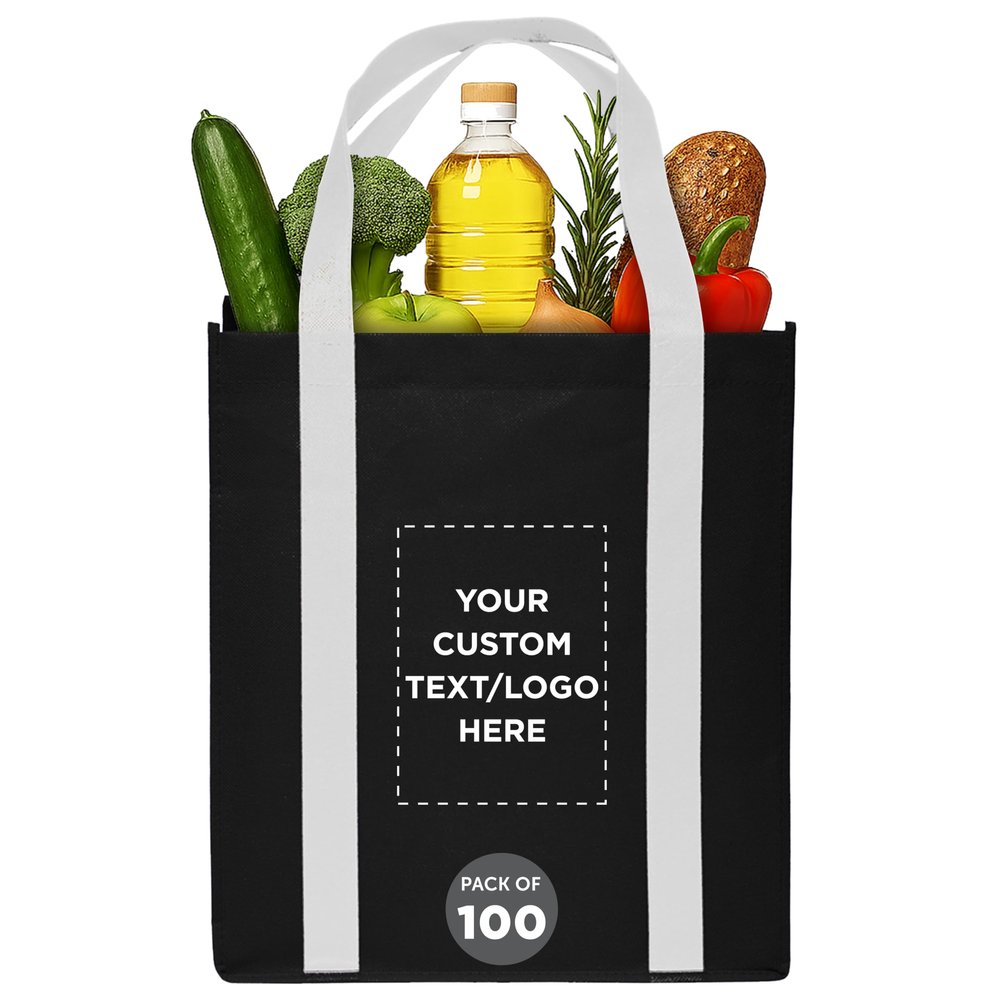 DISCOUNT PROMOS Custom Non Woven Shopping Tote Bags Set of 100, Personalized Bulk Pack - Reusable, Great for Shopping, Grocery, Beach, Picnic, Wedding Favors - Black White