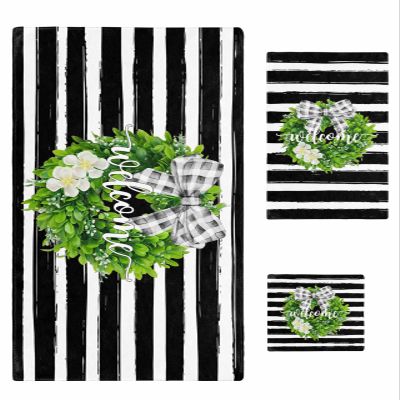 Anzona Welcome Spring 3 Piece Bath Towels Set, Floral Botanical Wreath Bow Knot Black White Striped Soft & Absorbent Towel for Bathroom, (1 Bath Towel 30x60, 1 Hand Towel 16x28, 1 Washcloth 13x13)