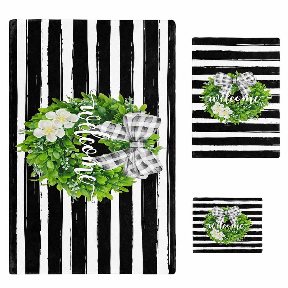 Anzona Welcome Spring 3 Piece Bath Towels Set, Floral Botanical Wreath Bow Knot Black White Striped Soft & Absorbent Towel for Bathroom, (1 Bath Towel 30x60, 1 Hand Towel 16x28, 1 Washcloth 13x13)