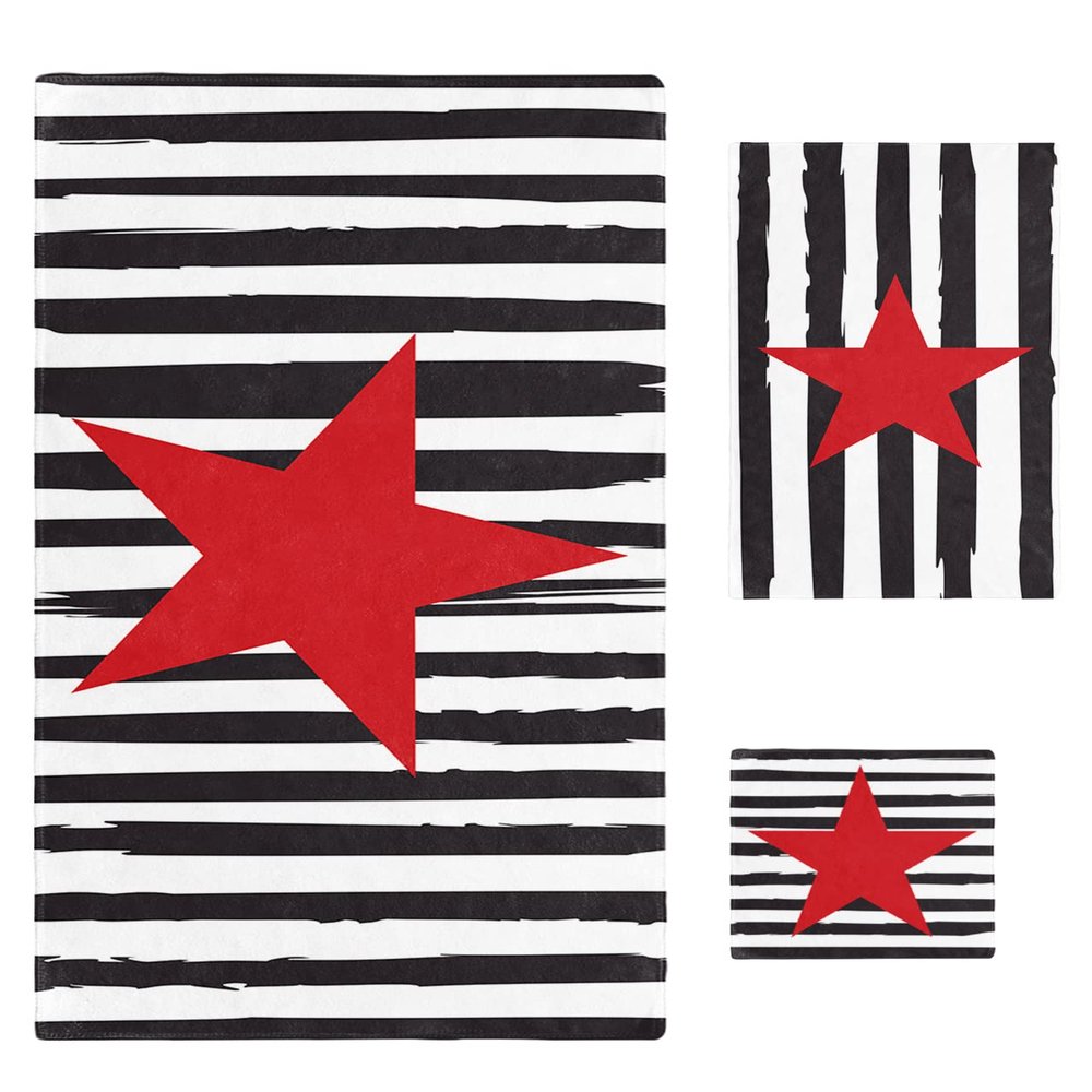 4th of July 3 Piece Bath Towels Set, Black White Stripes Red Star Independence Day Soft & Absorbent Towel for Bathroom, Hotel (1 Bath Towel 30x60, 1 Hand Towel 16x28, 1 Washcloth 13x13)