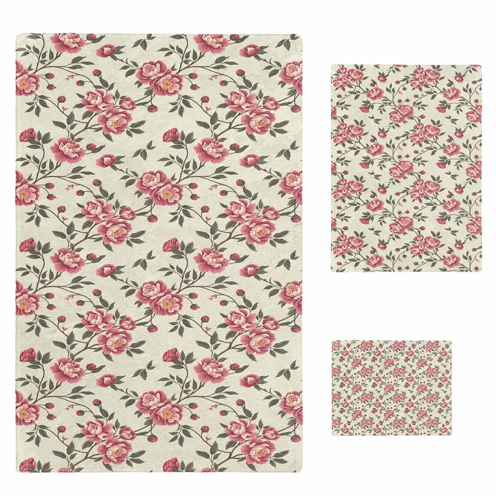 Anzona Spring Floral 3 Piece Bath Towels Set, Farmhouse Pink Summer Tropical Beige Soft & Absorbent Towel for Bathroom, Hotel (1 Bath Towel 30x60, 1 Hand Towel 16x28, 1 Washcloth 13x13)