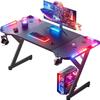 HLDIRECT 55 Inch Gaming Desk with LED Lights, Ergonomic Computer Gaming Table with Carbon Fibre Surface, Sturdy PC Workstation Desk for Home Office with Headphone Hook, Cup Holder, Black view 1
