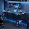 HLDIRECT 55 Inch Gaming Desk with LED Lights, Ergonomic Computer Gaming Table with Carbon Fibre Surface, Sturdy PC Workstation Desk for Home Office with Headphone Hook, Cup Holder, Black view 2