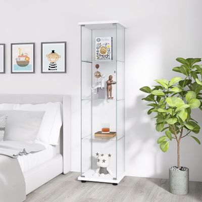 Yoluckea 4 Shelves Glass Display Cabinet with Door, Curio Collection Glass Display Case for Home Office, Floor Standing Bookshelf Corner Cabinet for Book, Toys, Glory (White)
