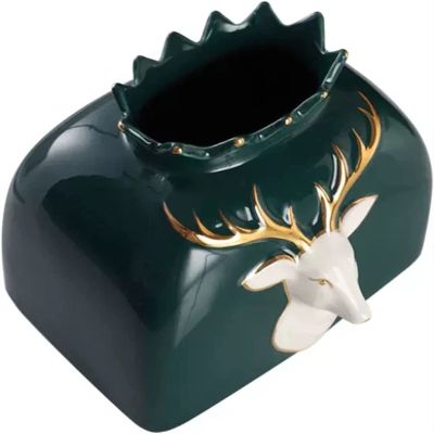 Tissue Dispenser Box Tissue Box Holder Chinese Handmade Ceramic Tissue Storage Box Creative Deer Head Embossed Decor Tissue Box Cover for Living Room Bedroom Desktop Decoration Facial Tissue Dispenser