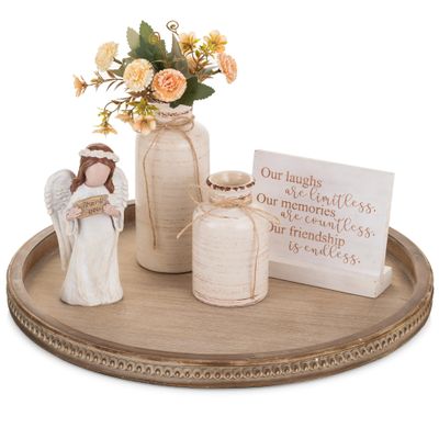 Hanobe Large Round Decorative Tray: Farmhouse Neutral Coffee Table Decor Wood Beaded Trays Vintage Ottoman for Home Counter Living Room